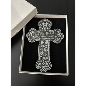 New Camco Pewter Prayer Cross God Bless NURSES 5 1/2" x 4” wall hanging